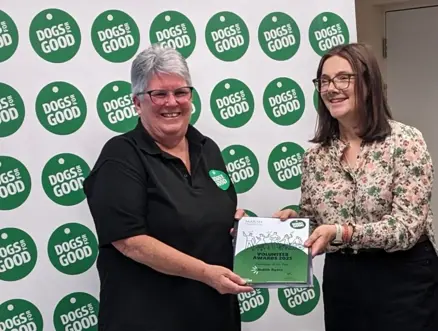 Volunteer winner Judith Ayers being handed award by our Trustee Ruth Goddard