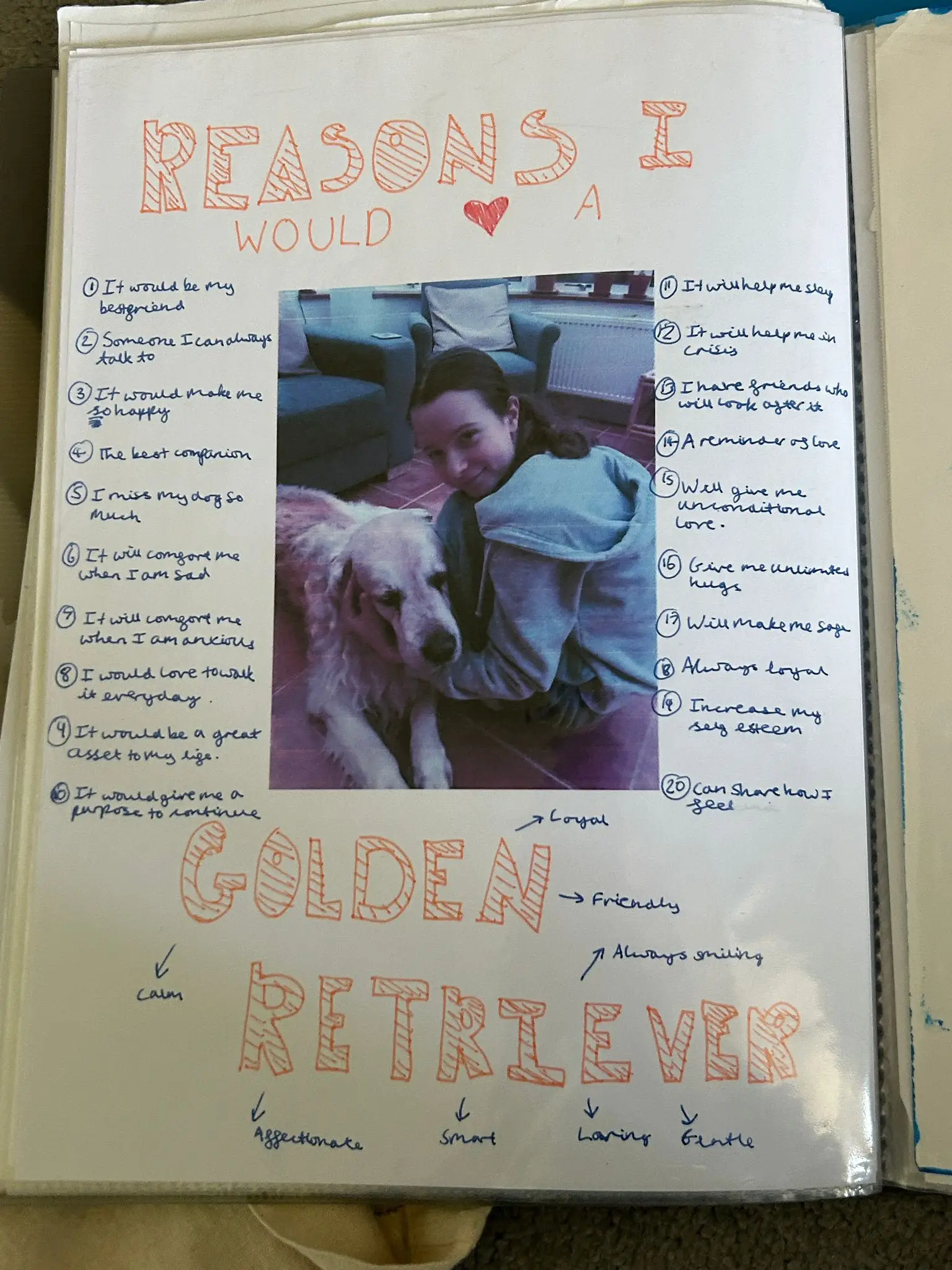 A photograph of Rachel's diary where she has listed all of the things she loves about golden retrievers