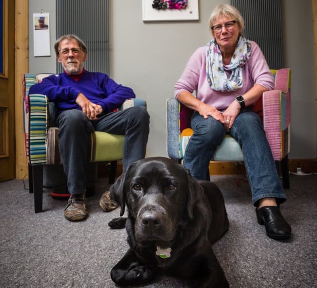 Malcolm and Imke with dementia assistance dog Webb 