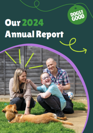 Dogs for Good Annual Report 2024 - Front Cover featuring family with pet dog