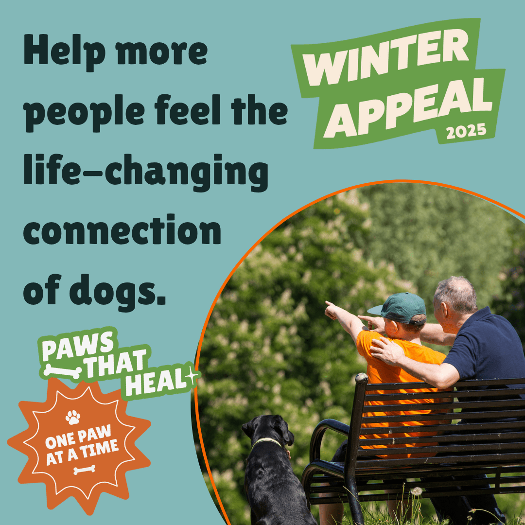 Child and dad sitting on a park bench with dog next to them pointing at something in the distance. Overlay text reads: Help more people feel the life-changing connection of dogs.